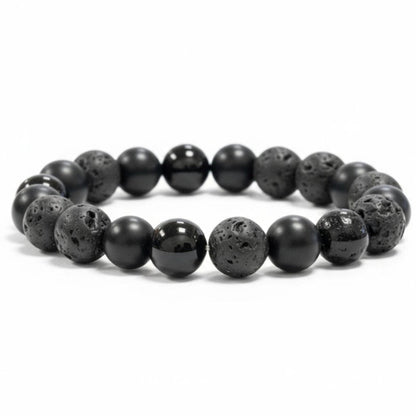 Bracelet Homme: onyx, onyx dépoli, pierre de lave A (boules 10mm) - La Boite à Cailloux