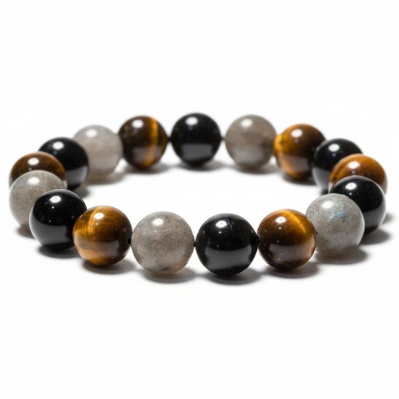 Bracelet Homme protection: oeil de tigre, labradorite, tourmaline noire A (boules 12mm) - La Boite à Cailloux