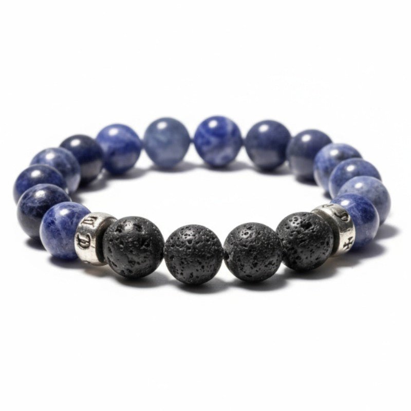 Bracelet Homme: sodalite, pierre de lave (boules 10mm) - La Boite à Cailloux