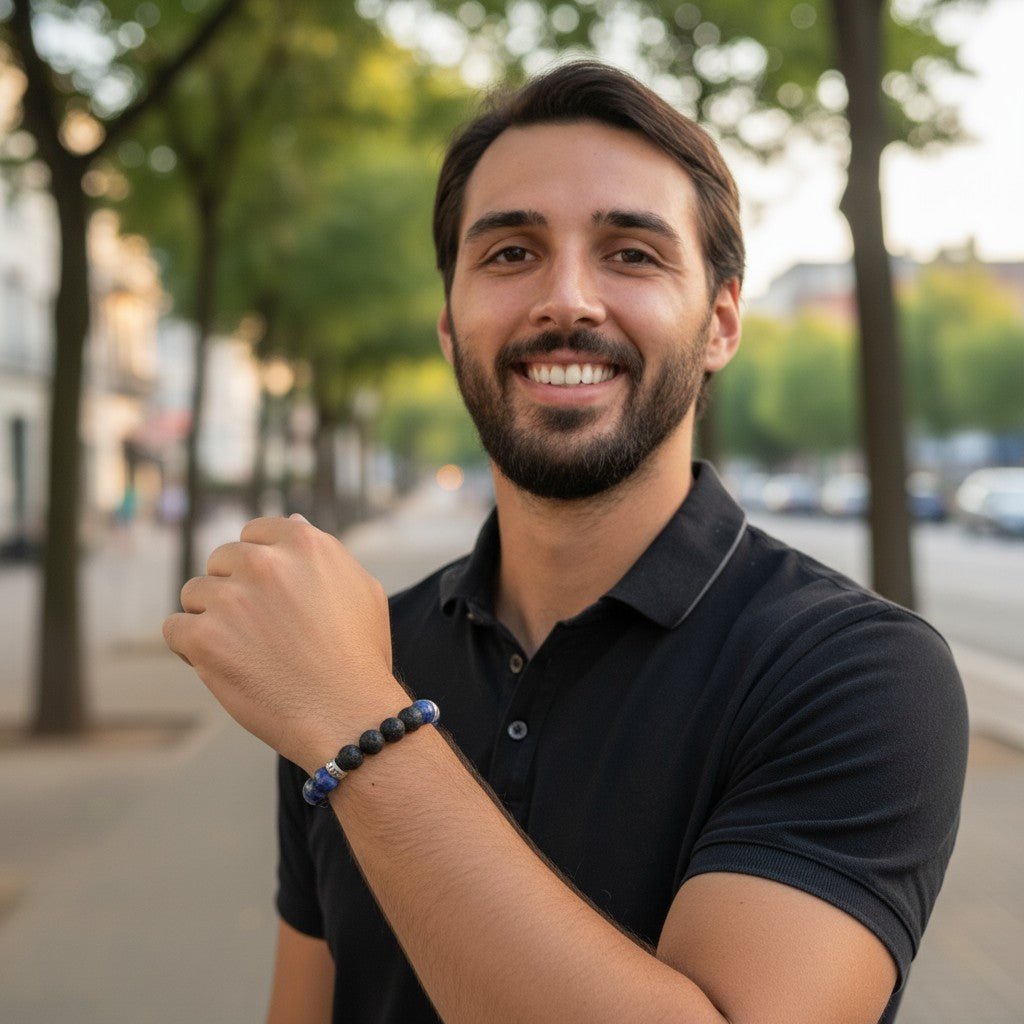 Bracelet Homme: sodalite, pierre de lave (boules 10mm) - La Boite à Cailloux