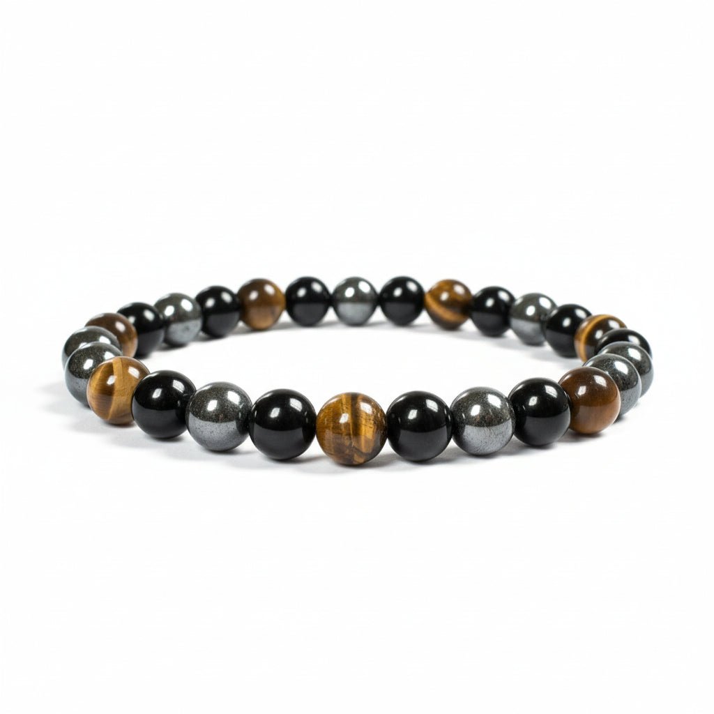 Bracelet homme triple protection (oeil de tigre, obsidienne, hematite) A (boules 7 - 8mm) - La Boite à Cailloux