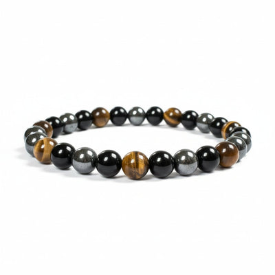 Pulsera triple protección (ojo de tigre, obsidiana hematites) A ​​(bolas 7-8mm)