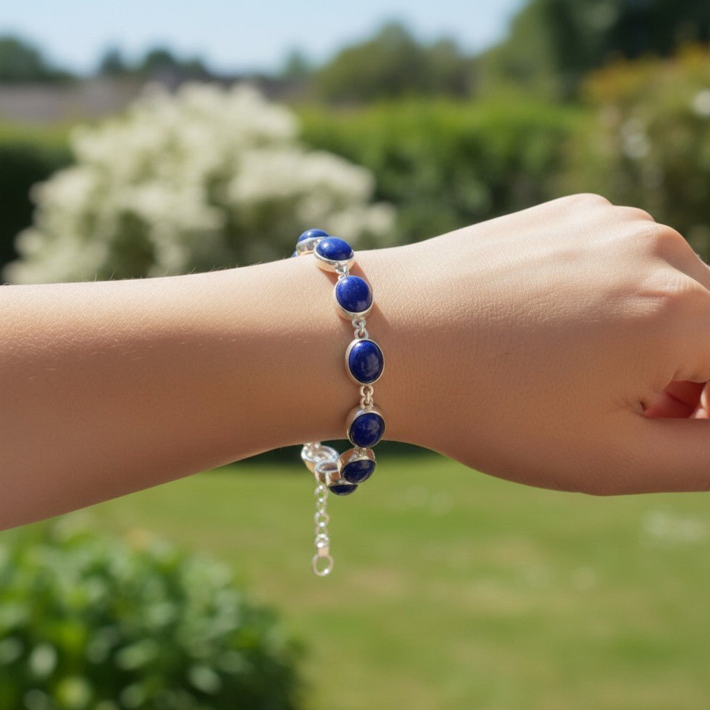 Bracelet lapis lazuli Afghanistan AA argent 925 - La Boite à Cailloux