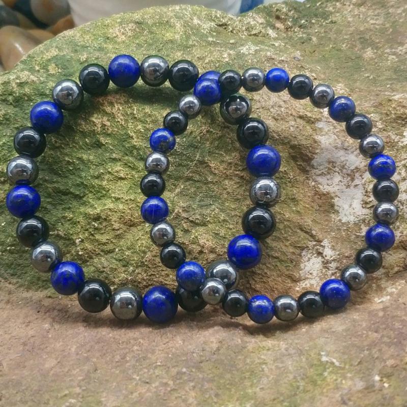 Bracelet lapis - lazuli, hématite, onyx (boules 5 - 6mm) - La Boite à Cailloux
