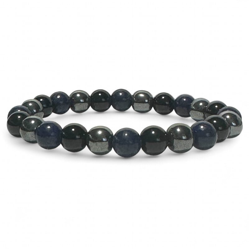 Bracelet lapis - lazuli, hématite, onyx (boules 7 - 8mm) - La Boite à Cailloux
