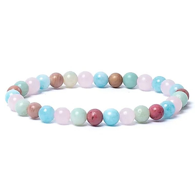 Bracelet multi aigue - marine, amazonite, quartz rose, thulite AA (boules 5 - 6mm) - La Boite à Cailloux