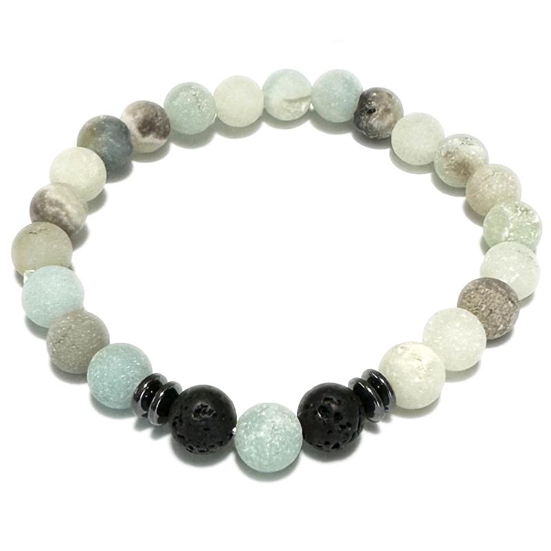 Bracelet multi Amazonite dépoli, hématite, pierre de lave (boules 8mm) - La Boite à Cailloux