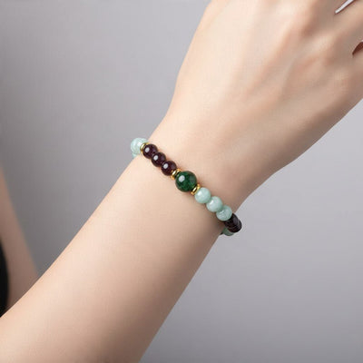 Bracciale multi amazzonite, granato rosso almandino, occhio di tigre tinto A+ (sfere 5-6mm)