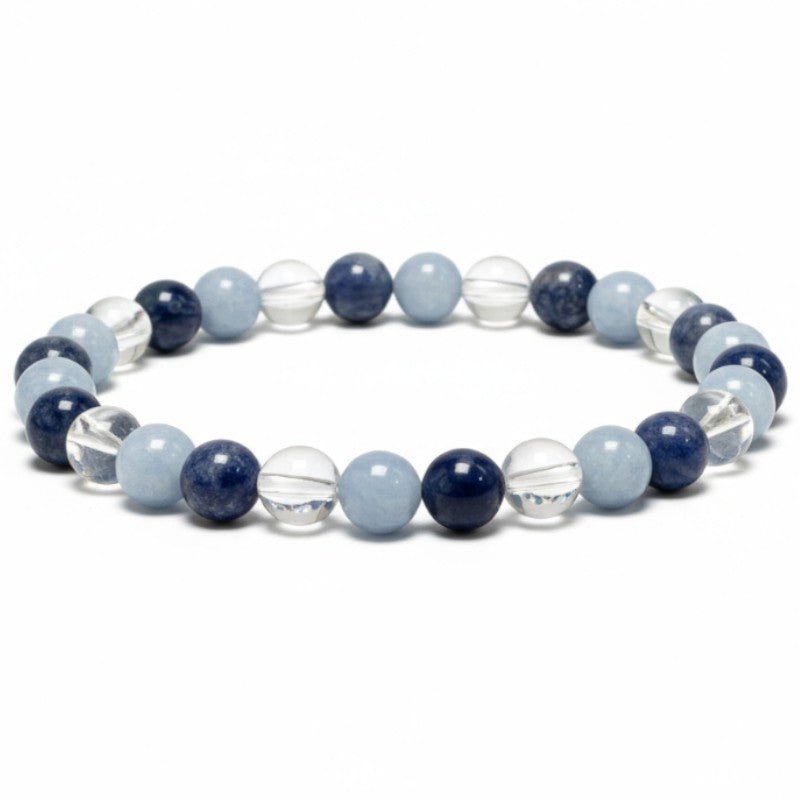 Bracelet multi angelite, cristal de roche, sodalite A+ (boules 5 - 6mm) - La Boite à Cailloux