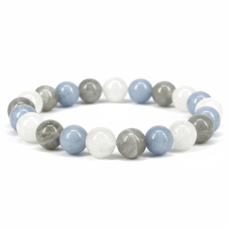 Bracelet multi angelite, labradorite, pierre de lune A+ (boules 7 - 8mm) - La Boite à Cailloux
