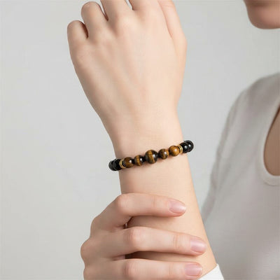 Pulsera A de ónix y ojo de tigre (bolas de 8 mm y 10 mm) - oro