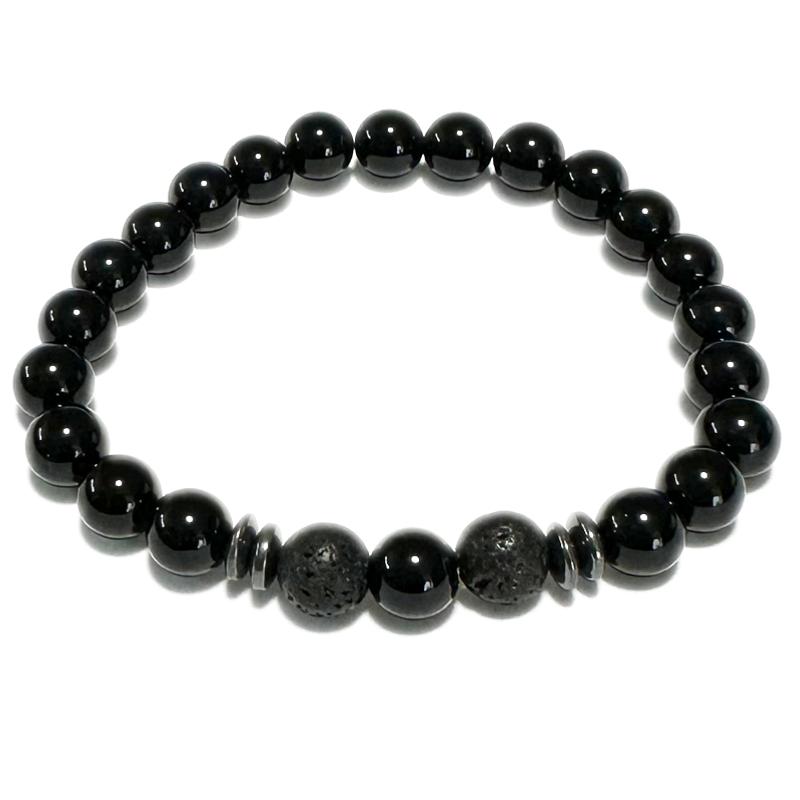 Bracelet multi Onyx, hématite, pierre de lave (boules 8mm) - La Boite à Cailloux
