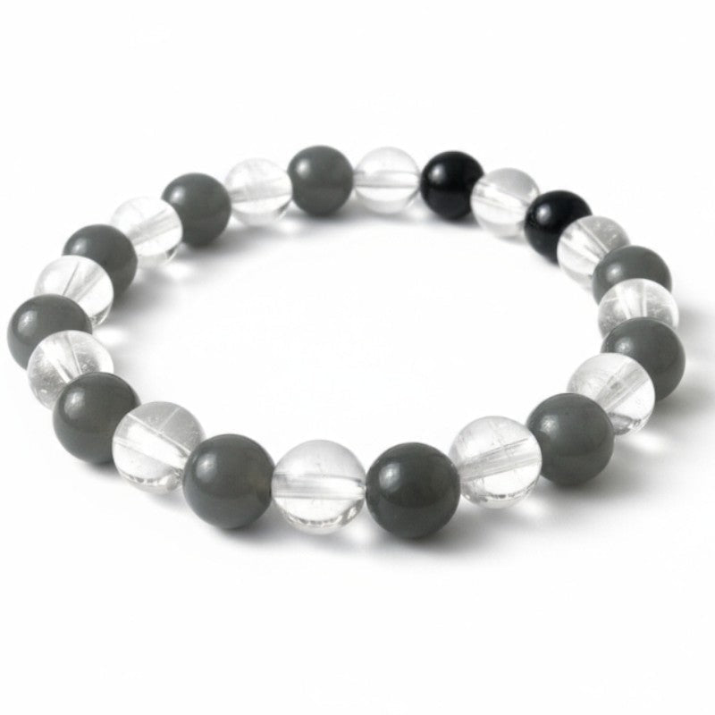 Bracelet multi - pierres onyx - cristal de roche Brésil A (boules 7 - 8mm) - La Boite à Cailloux