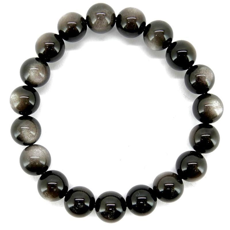 Bracelet obsidienne argentée Mexique A (boules 10mm) - La Boite à Cailloux