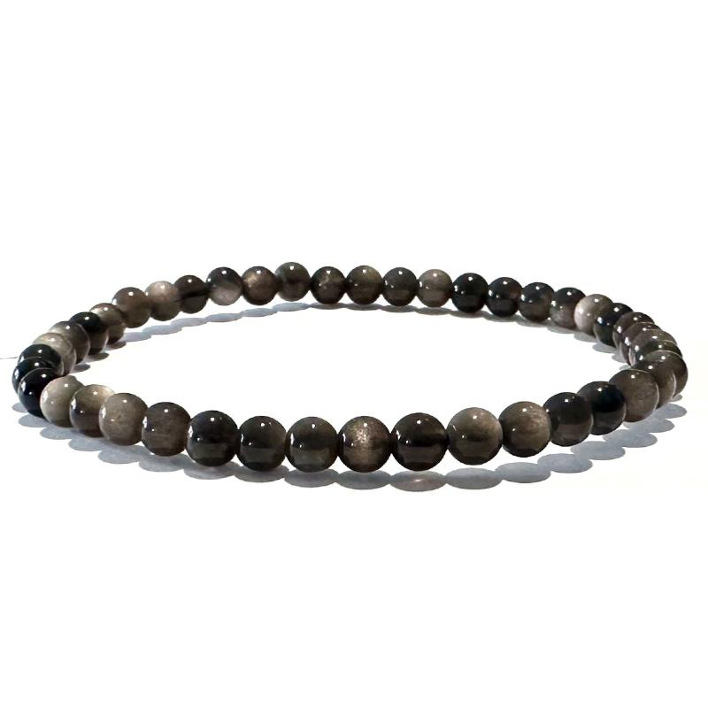 Bracelet obsidienne argentée Mexique A (boules 3 - 4mm) - La Boite à Cailloux