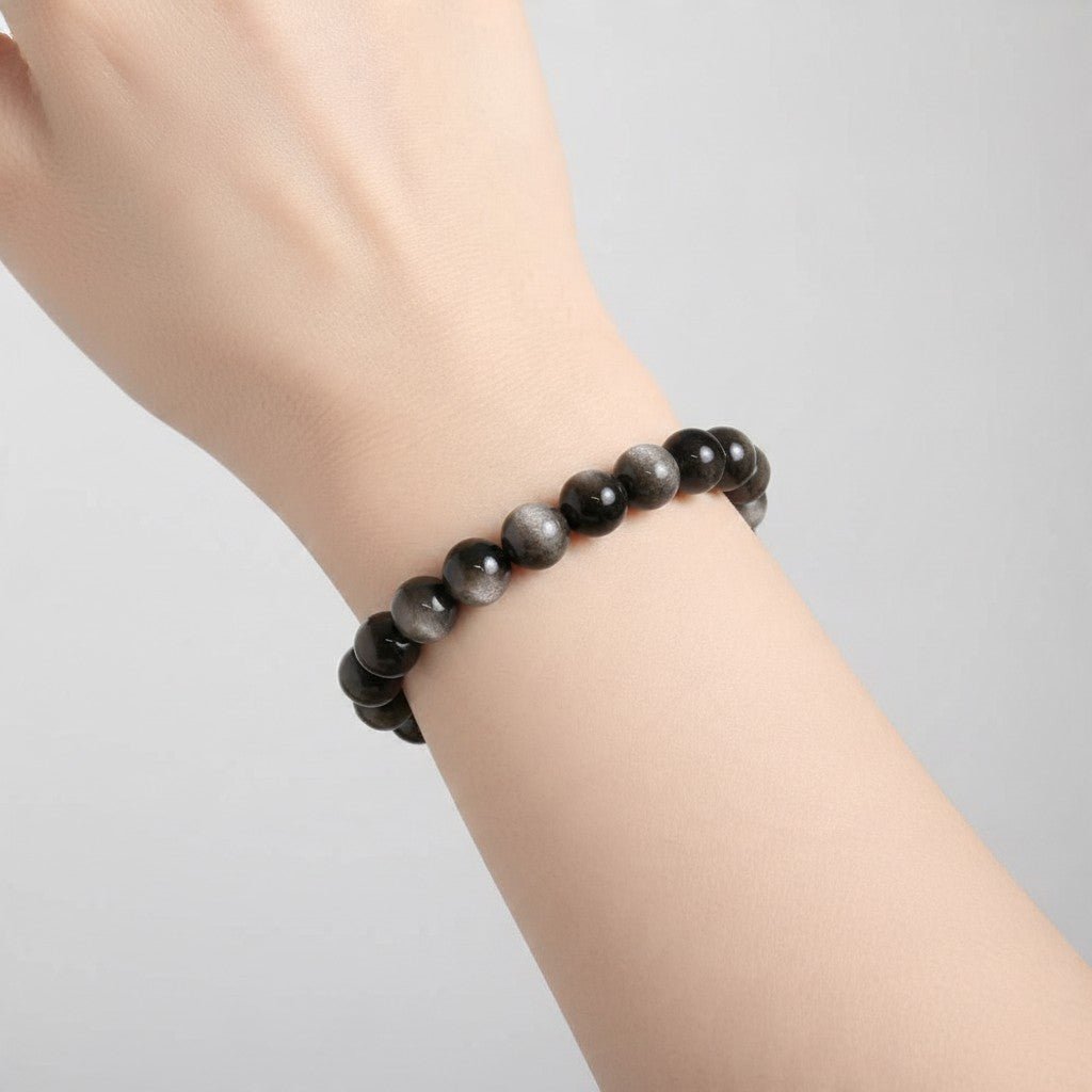 Bracelet obsidienne argentée Mexique A (boules 7-8mm) - La Boite à Cailloux