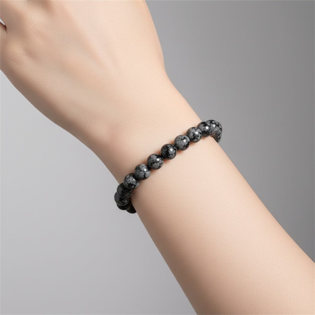 Bracelet obsidienne neige Mexique A (boules 5-6mm) - La Boite à Cailloux