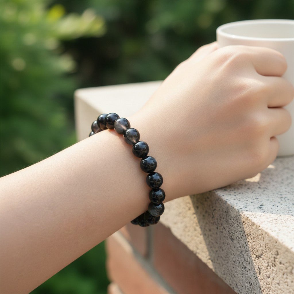Bracelet obsidienne oeil céleste Mexique A (boules 10mm) - La Boite à Cailloux