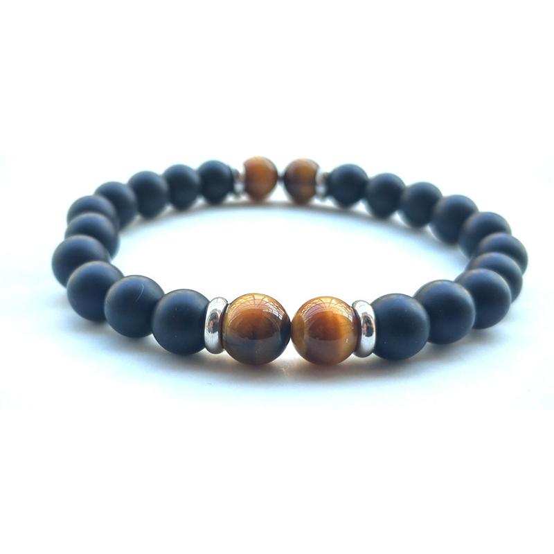 Bracelet onyx dépoli et oeil de tigre A (boules 7 - 8mm) - La Boite à Cailloux