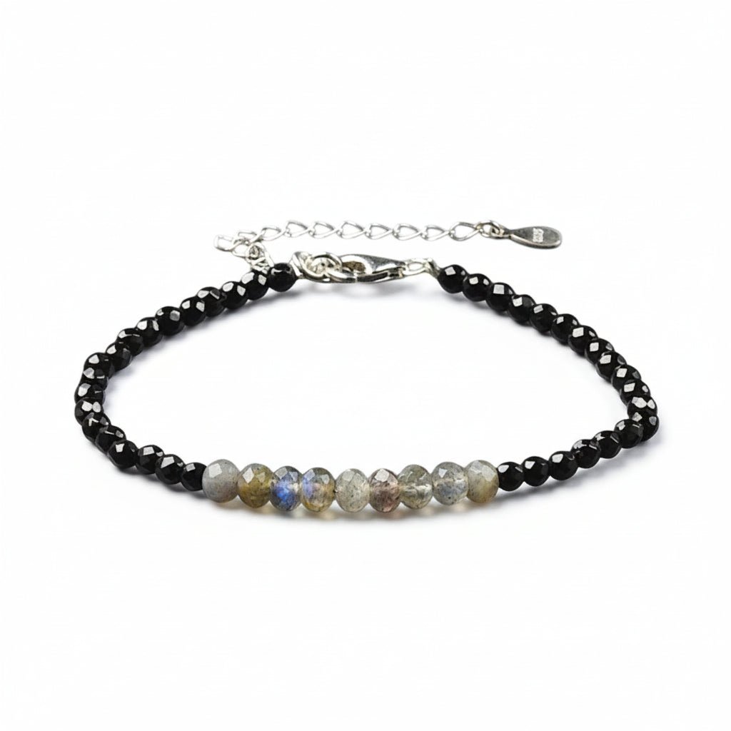 Bracelet onyx labradorite perles facettées argent 925 - La Boite à Cailloux