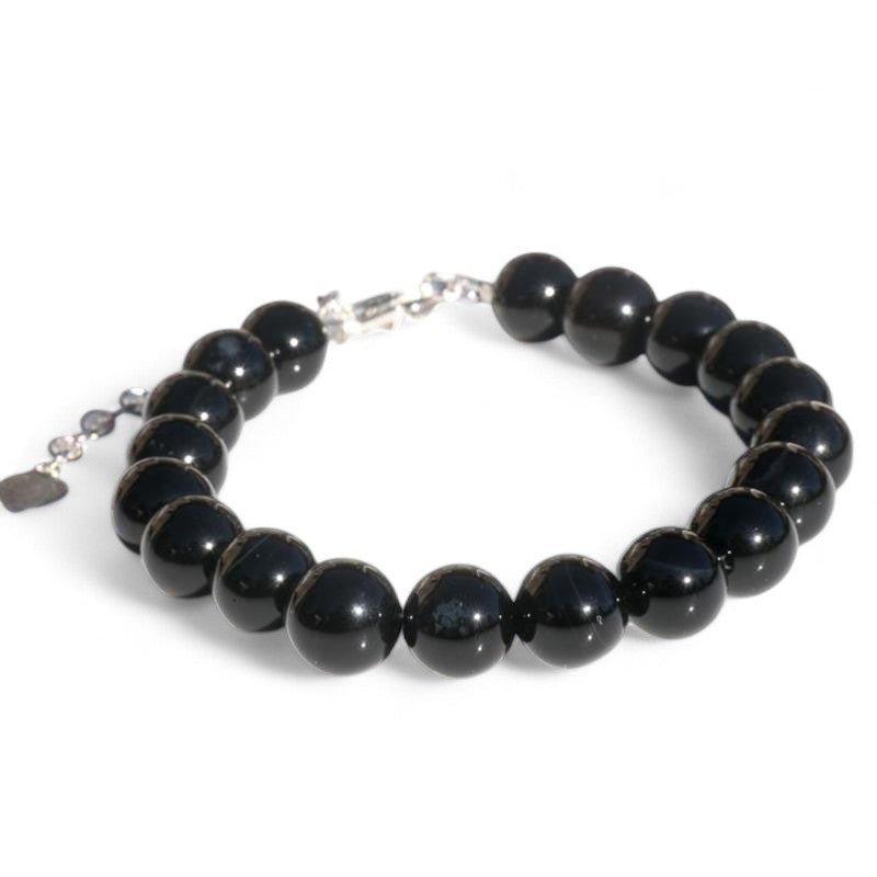 Bracelet onyx noir boules 7 - 8mm chaînette en argent - La Boite à Cailloux