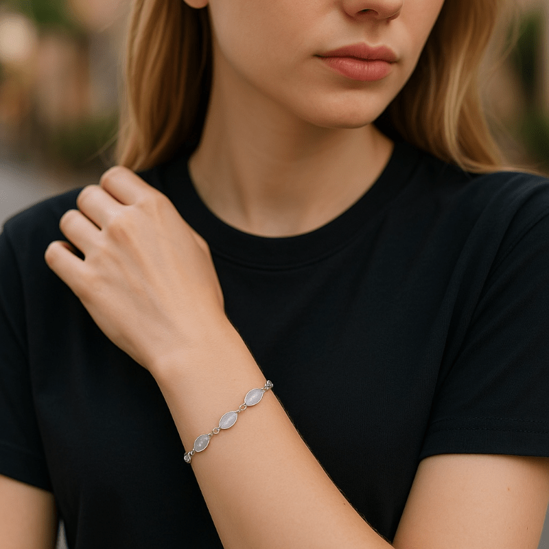 Bracelet pierre de lune arc en ciel (péristérite) argent 925 - La Boite à Cailloux