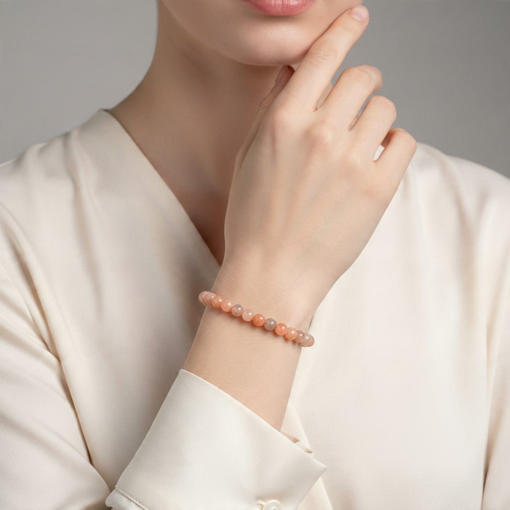 Bracelet pierre de lune rose orangée Inde A (boules 5-6mm) - La Boite à Cailloux