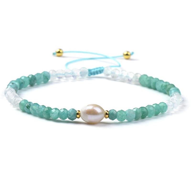 Bracelet réglable coulissant multi Amazonite Brésil, pierre de lune et perle d&
