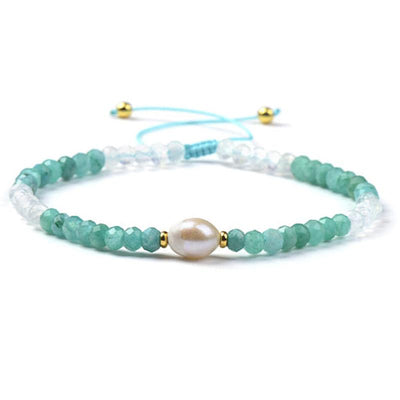 Adjustable sliding bracelet multi Amazonite Brazil, moonstone and freshwater pearl (3-4mm faceted beads)