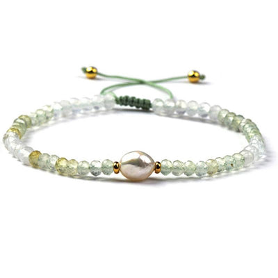 Adjustable sliding bracelet with multi-prehnite, moonstone and freshwater pearl (3-4mm faceted beads)