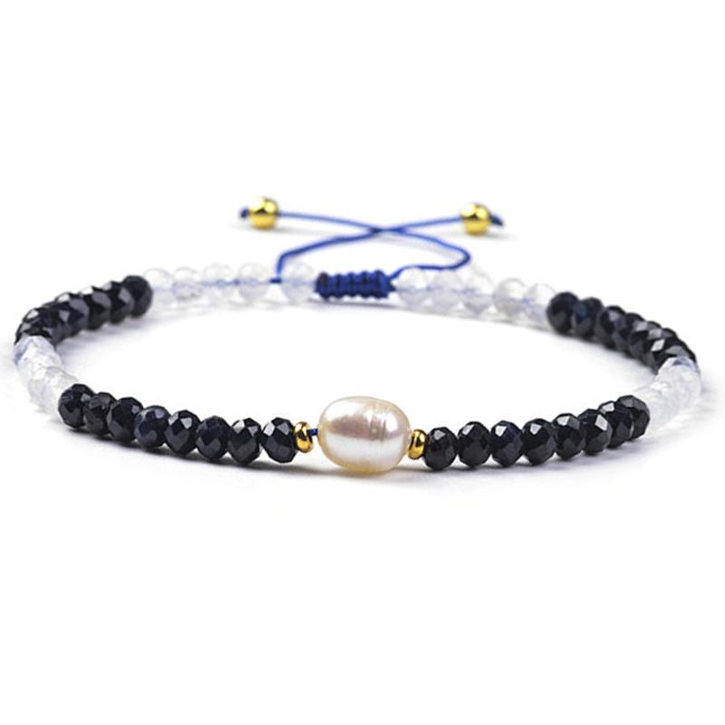 Bracelet réglable coulissant multi spinelle noir, pierre de lune et perle d&
