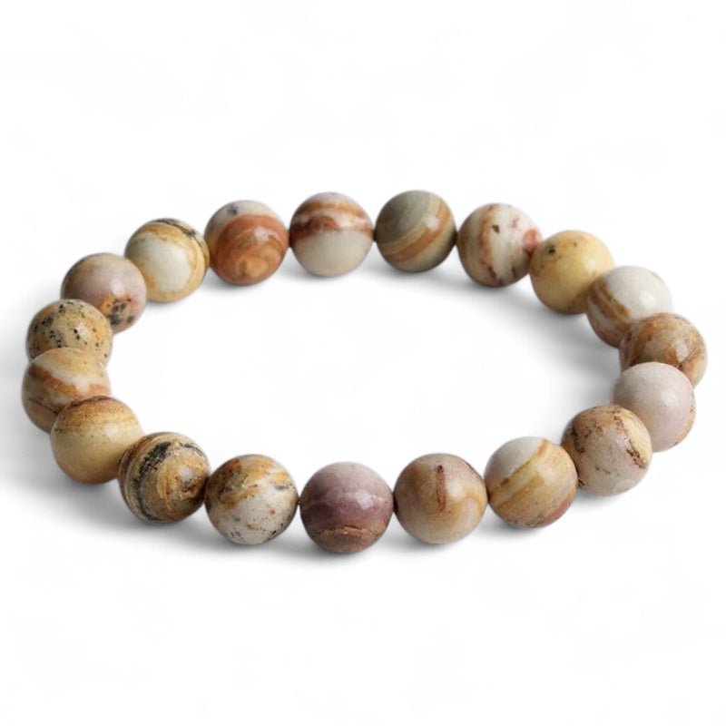 Bracelet rhyolite coucher de soleil Indonésie A (boules 10mm) - La Boite à Cailloux