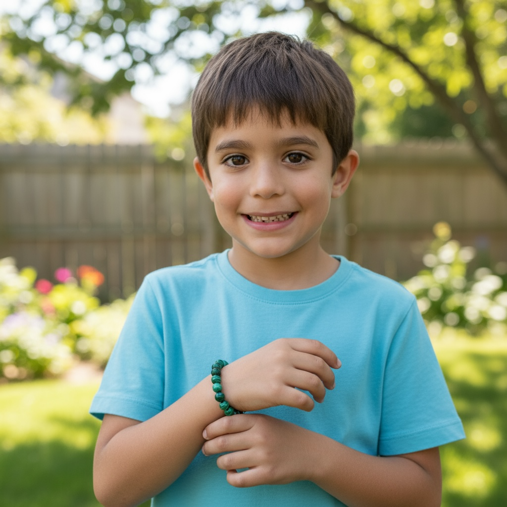 Bracelet taille enfants malachite AA (boules 5 - 6mm) - La Boite à Cailloux