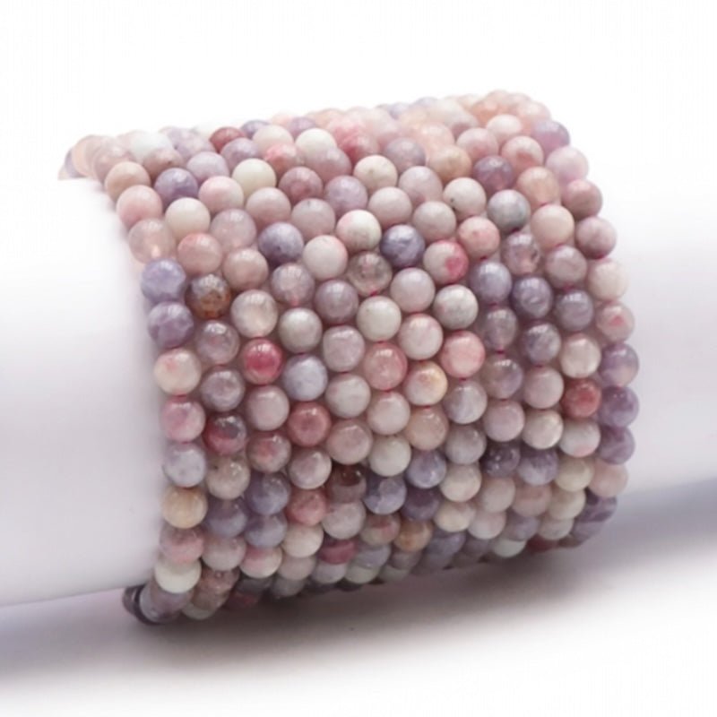 Bracelet tourmaline rose sur Eudialyte Namibie A (boules 5 - 6mm) - La Boite à Cailloux