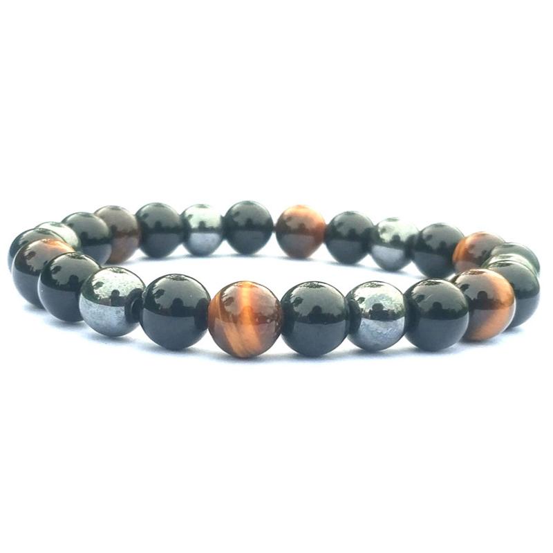 Bracelet triple protection (oeil de tigre, obsidienne, hématite) A (boules 10mm) - La Boite à Cailloux