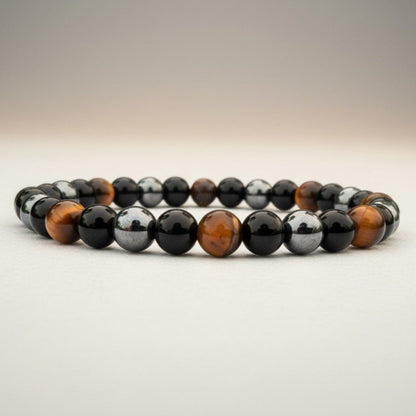Bracelet triple protection (oeil de tigre, obsidienne, hématite) A (boules 5 - 6mm) - La Boite à Cailloux