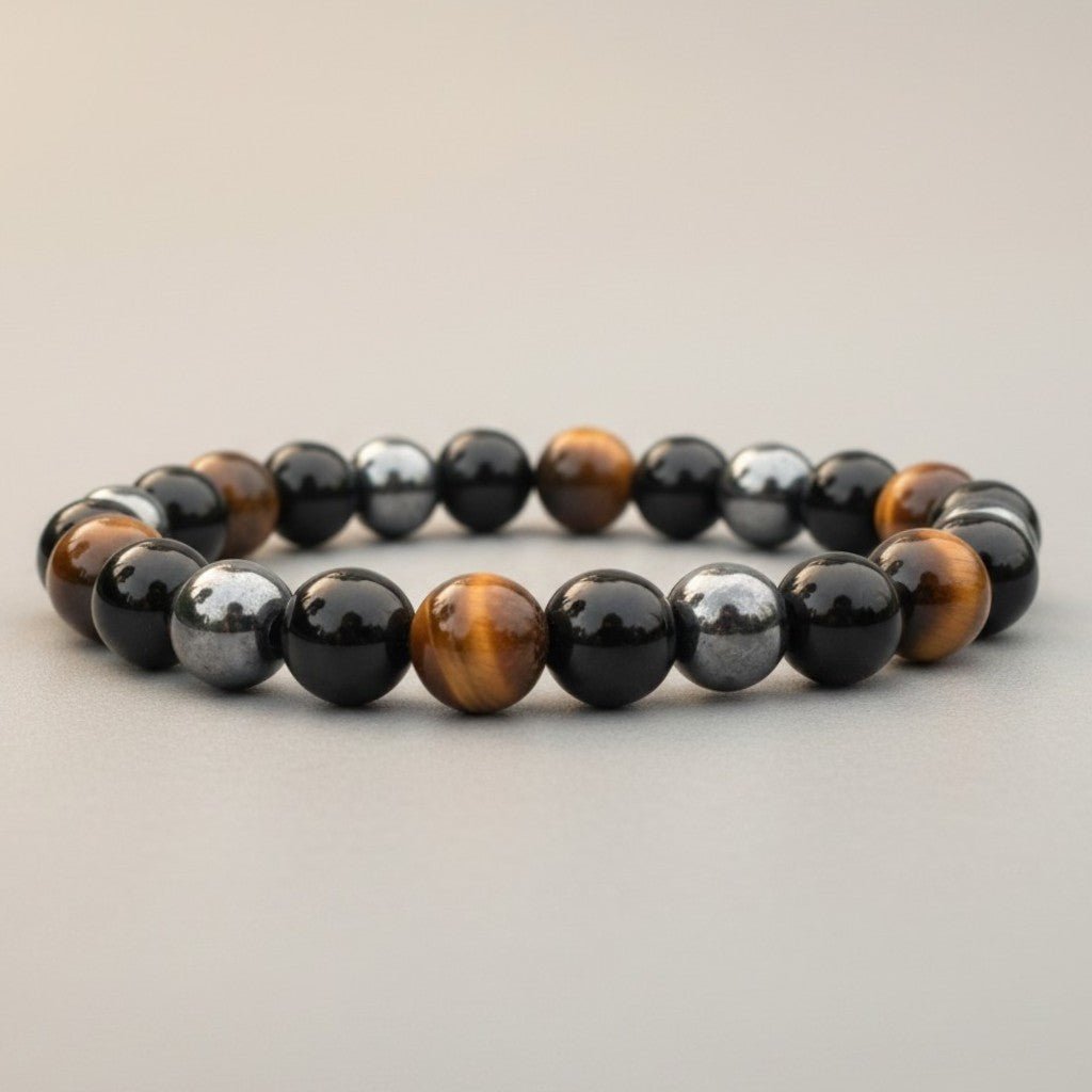 Bracelet triple protection (oeil de tigre, obsidienne, hématite) A (boules 7 - 8mm) - La Boite à Cailloux