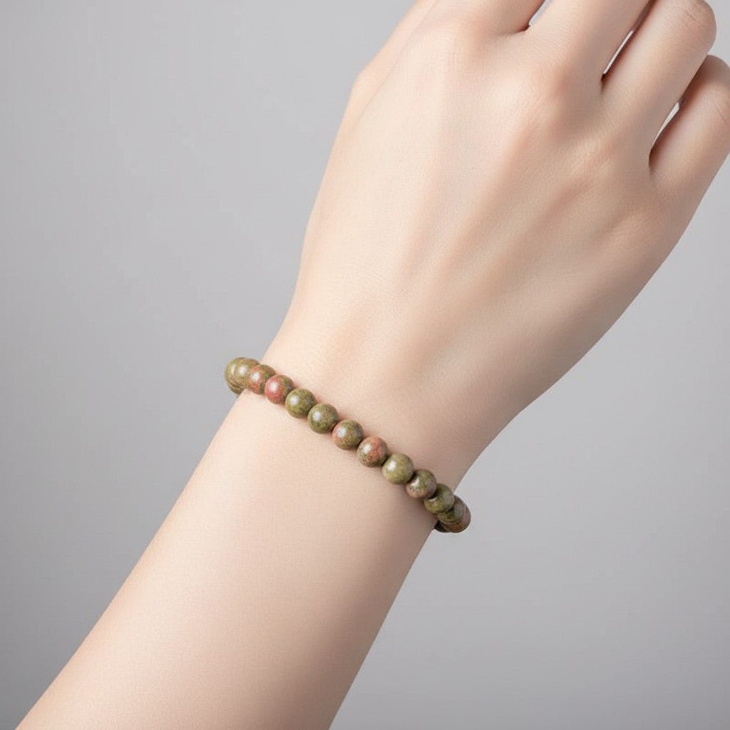 Bracelet unakite Afrique du Sud A (boules 5-6mm) - La Boite à Cailloux