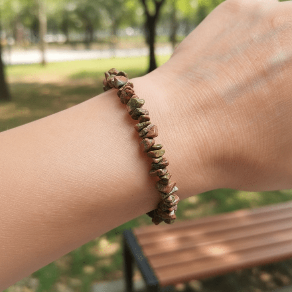 Bracelet unakite Afrique du Sud A (perles baroques) - La Boite à Cailloux