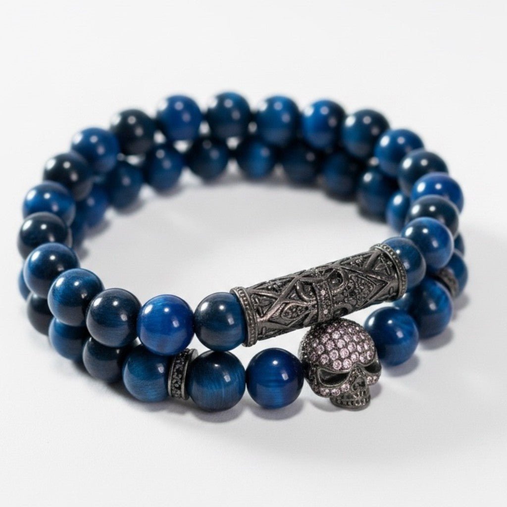 Bracelets homme œil de tigre teinté bleu Afrique du Sud AA - La Boite à Cailloux