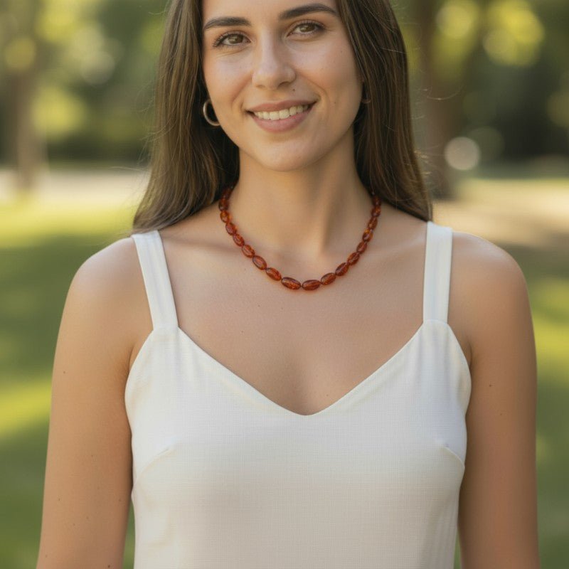 Collier ambre cognac Lituanie AA pierres roulées 45cm - La Boite à Cailloux