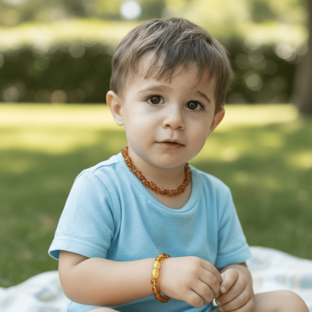 Collier bébé ambre cognac Lituanie AA (perles baroques) - La Boite à Cailloux