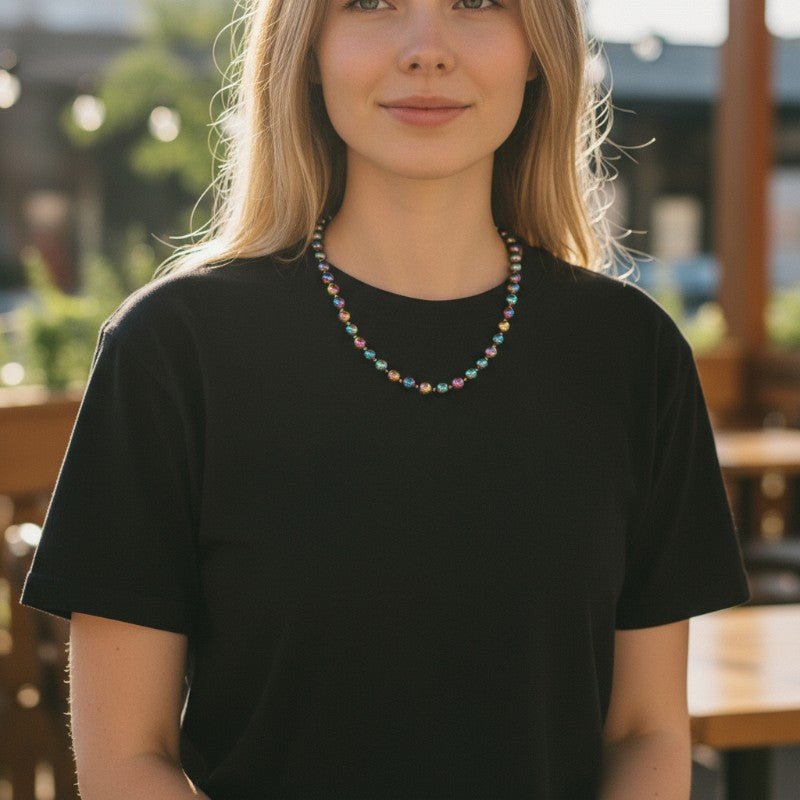 Collier Hématite arc en ciel Chine A(boules 8mm) - 45cm - La Boite à Cailloux