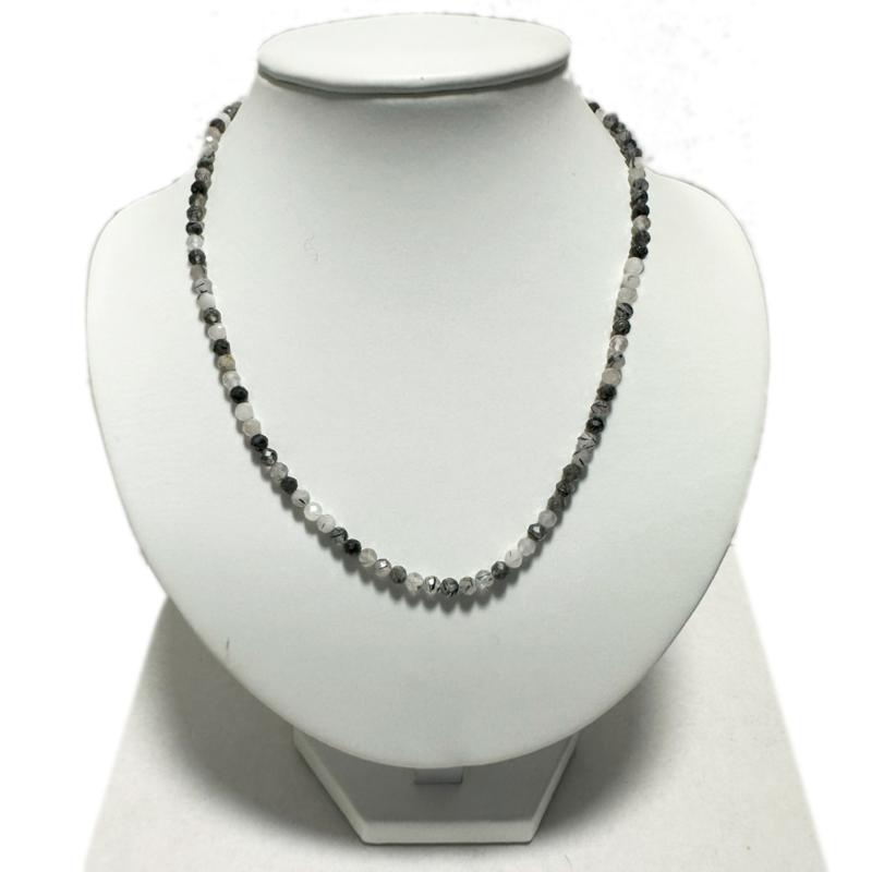 Collier quartz inclusion de tourmaline Brésil AA (perles facettées 3 - 4mm) - 45cm - La Boite à Cailloux