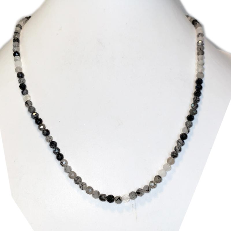 Collier quartz inclusion de tourmaline Brésil AA (perles facettées 3 - 4mm) - 45cm - La Boite à Cailloux