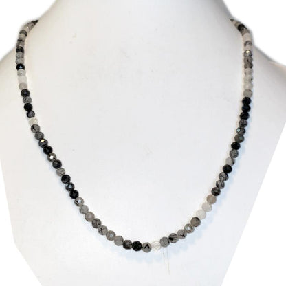 Collier quartz inclusion de tourmaline Brésil AA (perles facettées 3 - 4mm) - 45cm - La Boite à Cailloux