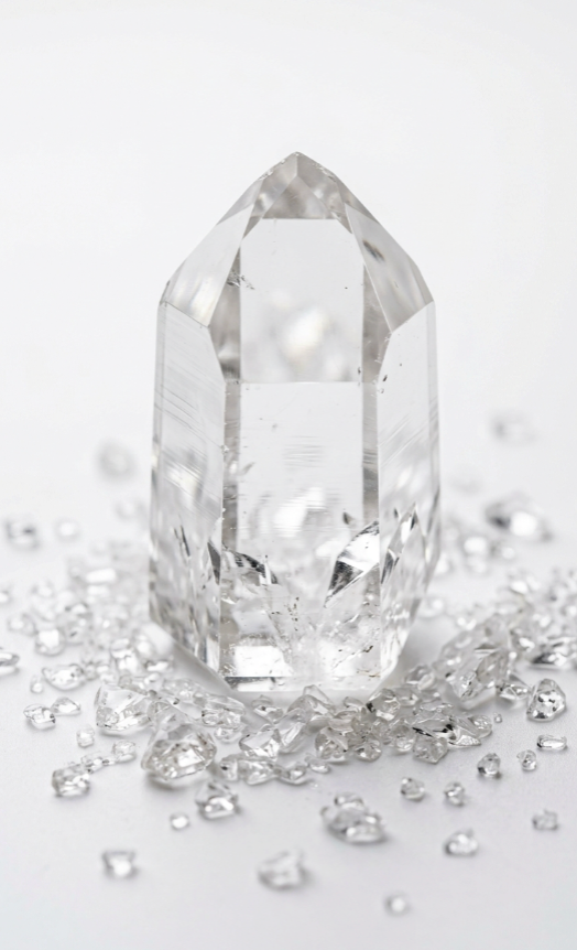 Pointe de cristal de roche transparente entourée de petits éclats de quartz