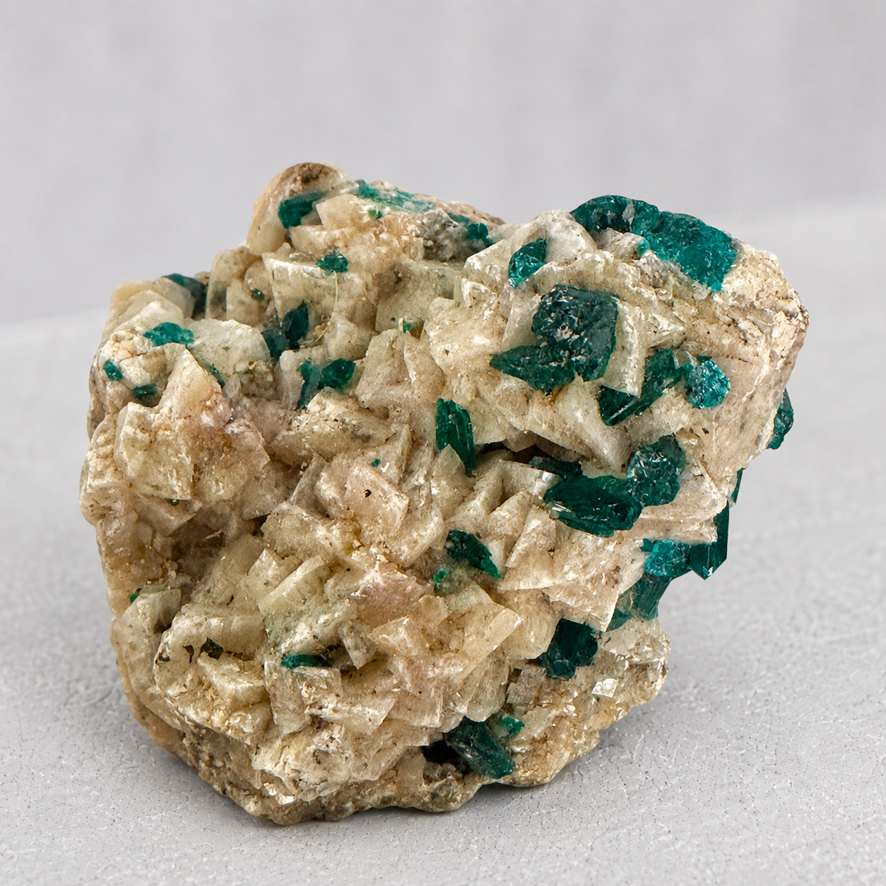 Dioptase sur calcite du Congo qualité AA, spécimen de 96 g, vue principale