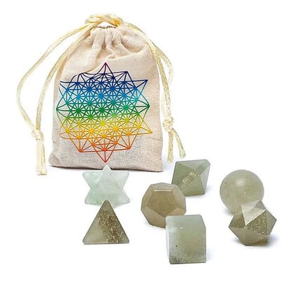 Ensemble de 7 pièces en Aventurine verte Brésil AB géométrie sacrée - La Boite à Cailloux