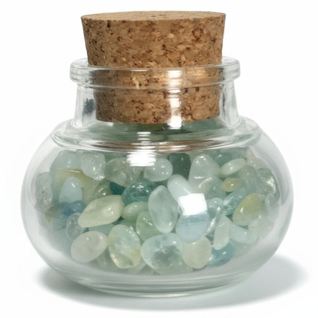 Flacon verre aigue - marine Brésil AA (mini - pierre roulée XS) - La Boite à Cailloux